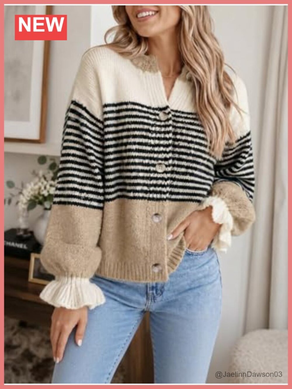 Striped Color Block Ruffle Sleeve Button Up Cardigan Sweater - Picture 2 of 6
